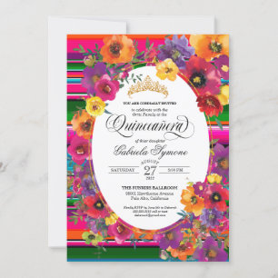 Bright Fiesta Flowers Serape Stripe Quinceanera Kaart