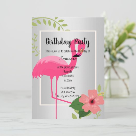 BRIGHT FLAMINGO HIBISCUS SILVER BIRTHDAY KAART (Staand voorkant)