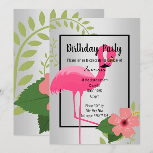 BRIGHT FLAMINGO HIBISCUS SILVER BLACK BIRTHDAY KAART (Voorkant / Achterkant)