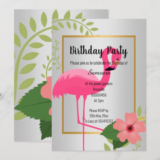 BRIGHT FLAMINGO HIBISCUS SILVER GOLD BIRTHDAY KAART (Voorkant / Achterkant)