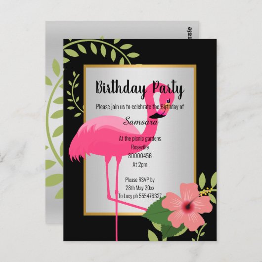 BRIGHT FLAMINGO HIBISCUS SILVER GOLD INVITATION BRIEFKAART (Voorkant / Achterkant)