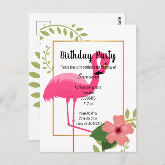 BRIGHT FLAMINGO HIBISCUS WHITE GOLD BIRTHDAY BRIEFKAART (Voorkant / Achterkant)