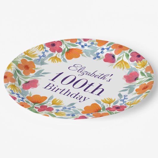 Bright Floral 100e verjaardag Papieren Bordje (Gekanteld)