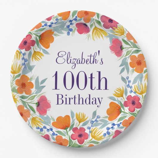 Bright Floral 100e verjaardag Papieren Bordje (Voorkant)