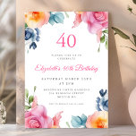 Bright Floral 40th Birthday Invitation Kaart<br><div class="desc">Vier uw mijlpaal 40e verjaardag met onze heldere bloemen uitnodigingen! Met een prachtig waterverf ontwerp van kleurrijke bloemen op een witte achtergrond, zijn deze uitnodigingen ideaal voor elk lente- of zomerfeest. De elegante kalligrafiebelettering voegt een vleugje sophisticatie en charme toe aan uw speciale gelegenheid. Onze uitnodigingen kunnen gepersonaliseerd worden en...</div>