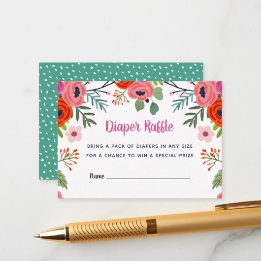 Bright Floral Baby shower Diaper Raffle-kaart Informatiekaartje (Voorkant / Achterkant in situ)