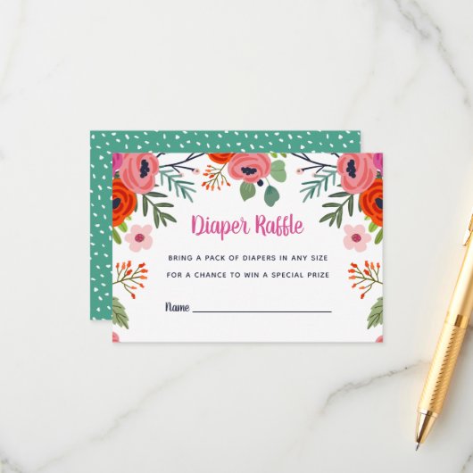 Bright Floral Baby shower Diaper Raffle-kaart Informatiekaartje (Voorkant / Achterkant in situ)