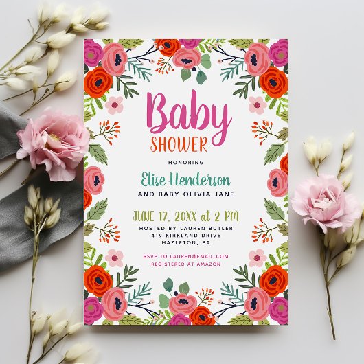 Bright Floral Baby shower Invitation Kaart