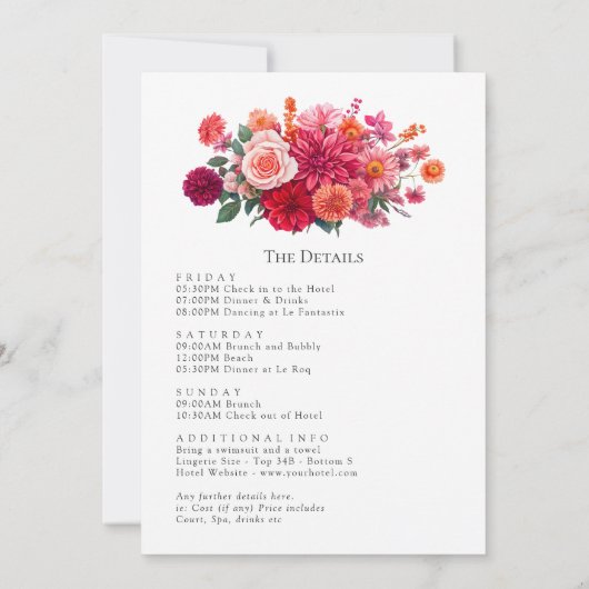 Bright Floral Bachelorette Weekend Itinerary Kaart (Achterkant)