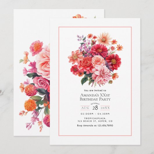 Bright Floral Birthday Party Kaart (Voorkant / Achterkant)