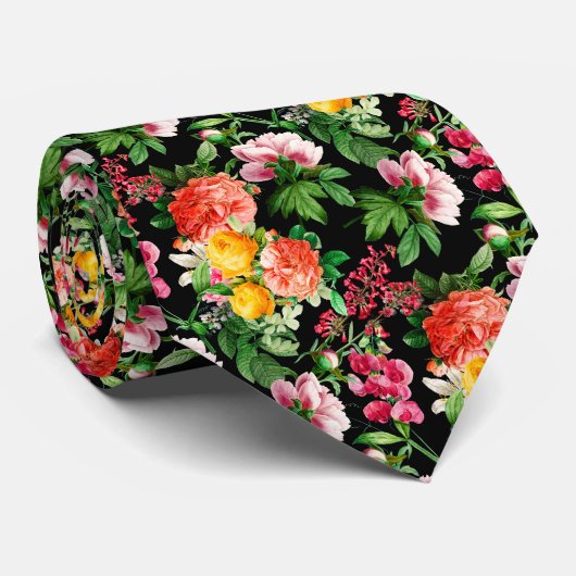 BRIGHT  FLORAL BLOOMS OP BLACK MANNEN STROPDAS (Opgerold)