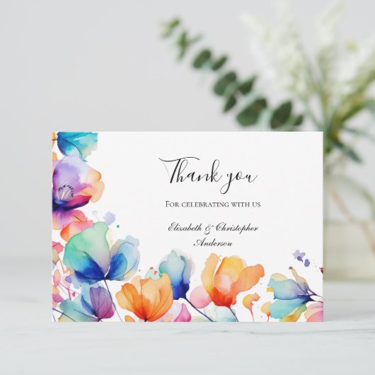 Bright Floral Blue Sinaasappel Waterverf bruiloft Bedankkaart (Staand voorkant)