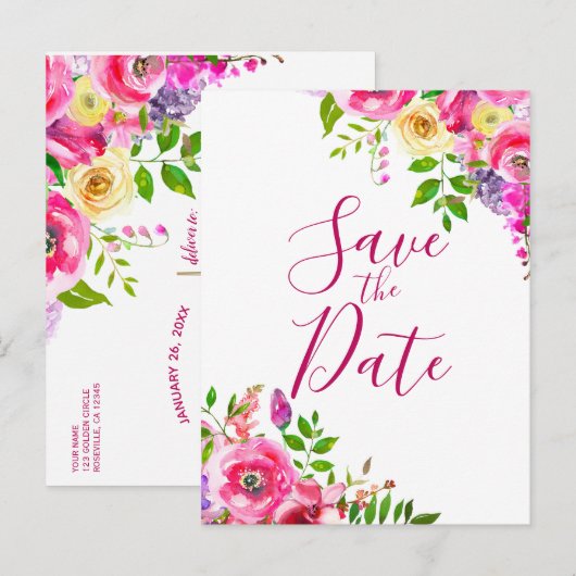 Bright Floral Bold Pink Spring Save the Date Aankondigingskaart (Voorkant / Achterkant)