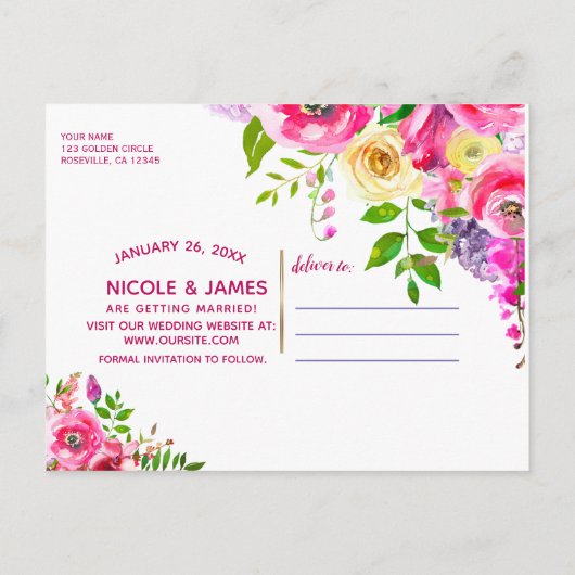 Bright Floral Bold Pink Spring Save the Date Aankondigingskaart (Achterkant)