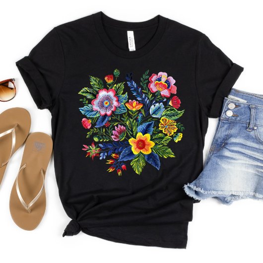 Bright Floral Bouquet Faux Yarn Embroidery  T-shirt