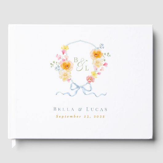 Bright Floral Bow Crest Monogram Spring Wedding Gastenboek (Voorkant)