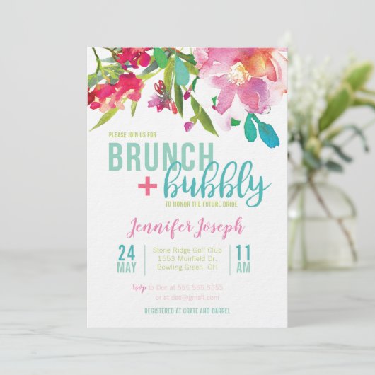 Bright Floral Brunch en Bubble Invitation Kaart (Staand voorkant)