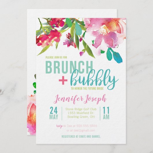 Bright Floral Brunch en Bubble Invitation Kaart (Voorkant / Achterkant)