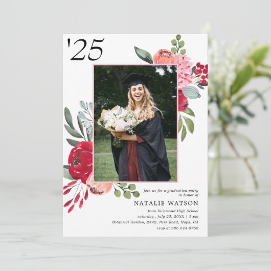 Bright Floral Class of 2025 Foto Afstuderen Kaart (Staand voorkant)