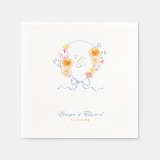 Bright Floral Crest Monogram Spring Wedding Servet (Voorkant)