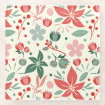 Bright Floral Design with Green Leaves and Dot Glazen Onderzetter<br><div class="desc">Floral pattern with red and pink flowers,  green leaves,  and dots on a white background. The design feels vibrant and whimsical.</div>