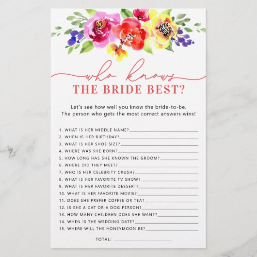 Bright Floral die weet bruid de beste douche spel (Voorkant)