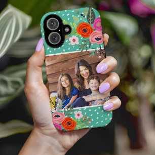 Bright Floral en Stippen Custom Foto iPhone 16 Hoesje