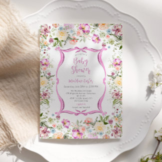 Bright Floral Garden Pink Ribbon Baby Shower Kaart