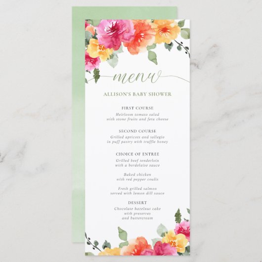 Bright floral hot roze sinaasappel baby shower men programmakaart (Voorkant / Achterkant)