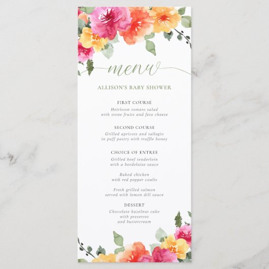 Bright floral hot roze sinaasappel baby shower men programmakaart (Voorkant)