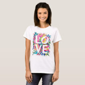 Bright Floral LOVE Typografie T-shirt – Kleurrijke (Voorkant volledig)