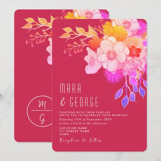 Bright Floral Magenta Huwelijksuitnodiging Kaart (Voorkant / Achterkant)