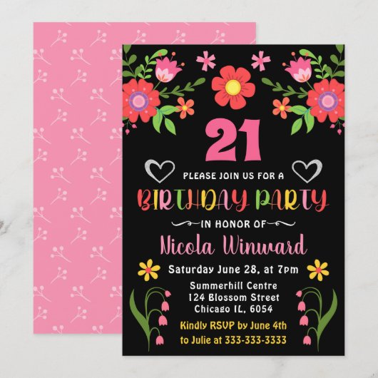 Bright Floral Mexican Fiesta Birthday Party Kaart (Voorkant / Achterkant)