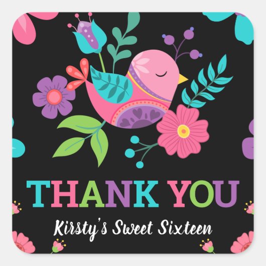 Bright Floral Mexican Fiesta Sweet Sixteen Vierkante Sticker (Voorkant)