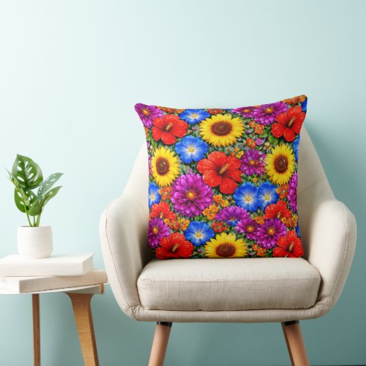 Bright Floral Pattern Sunflower, Poppy & Daisies Kussen (Stoel)