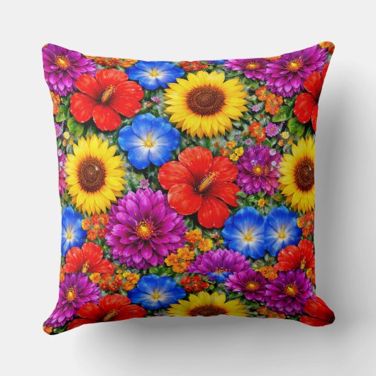 Bright Floral Pattern Sunflower, Poppy & Daisies Kussen (Achterkant)