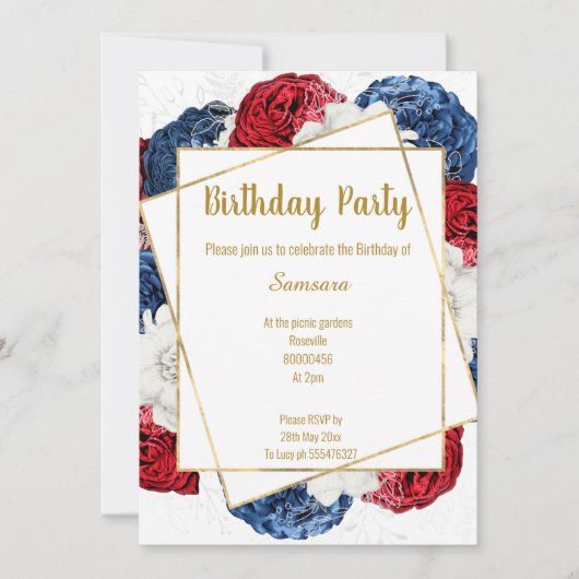 BRIGHT FLORAL RED BLUE WHITE LIJST BIRTHDAY KAART (Voorkant)