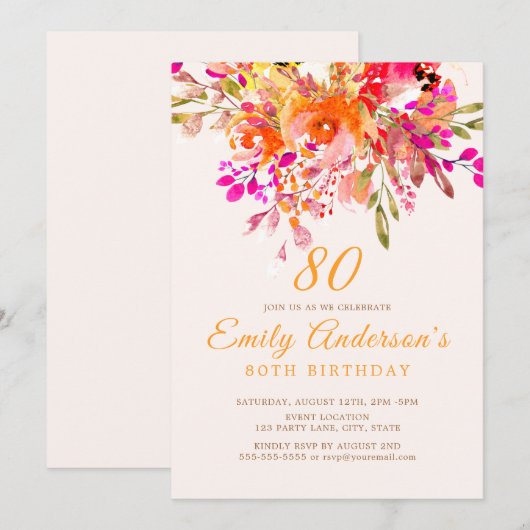 Bright Floral Romantic 80e verjaardag Kaart (Voorkant / Achterkant)
