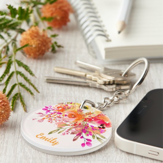 Bright Floral Romantisch gepersonaliseerd Sleutelhanger (Voorkant Rechts)