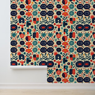Bright Floral Typography Art Pattern Behang