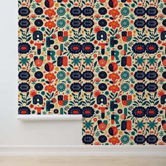 Bright Floral Typography Art Pattern Behang
