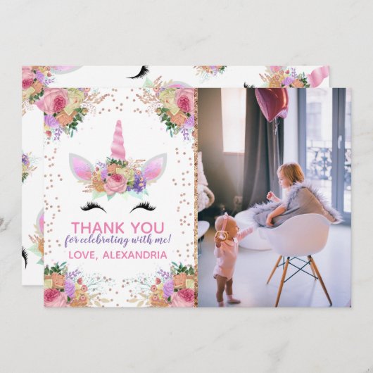 Bright Floral Unicorn bedankt Kaart (Voorkant / Achterkant)