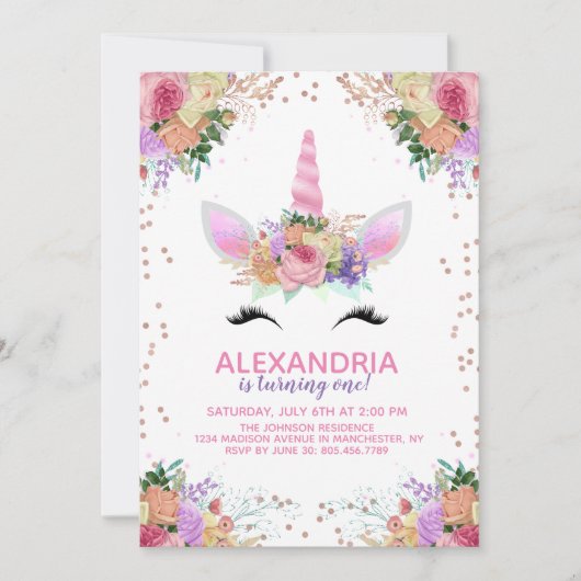 Bright Floral Unicorn Birthday Kaart (Voorkant)