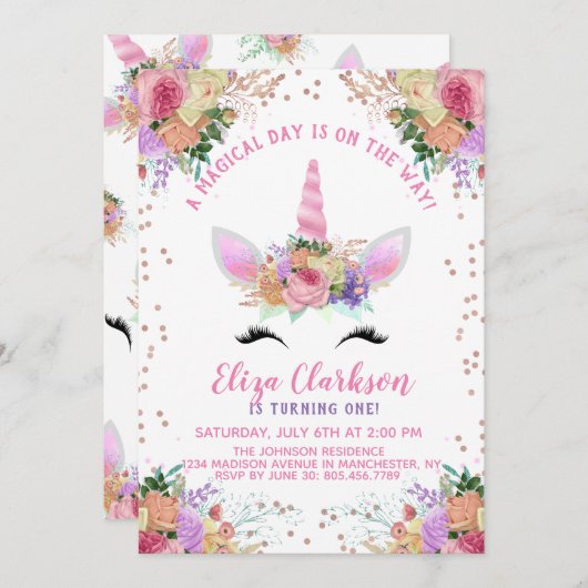 Bright Floral Unicorn Birthday Kaart (Voorkant / Achterkant)