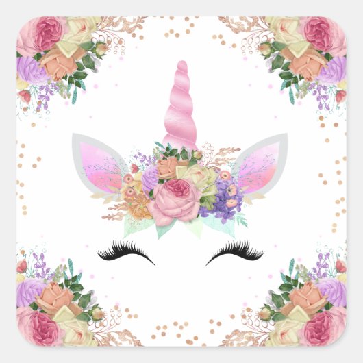 Bright Floral Unicorn Vierkante Sticker (Voorkant)
