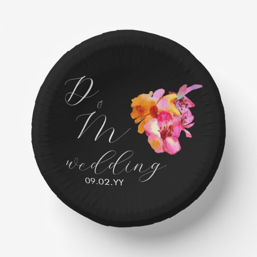 Bright Floral Waterkleurig Monogram Black Weddensc Papieren Kommen (Voorkant)