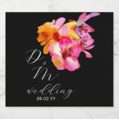 Bright Floral Waterkleurig Monogram Black Weddensc Sparkling Wijnetiket (Enkel label)