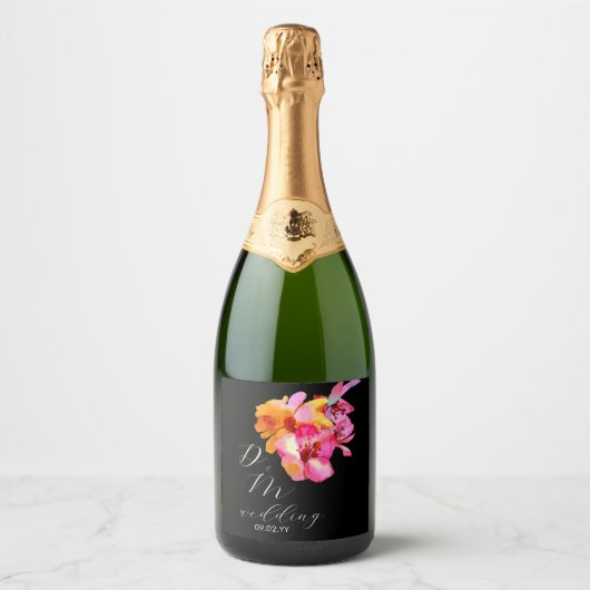 Bright Floral Waterkleurig Monogram Black Weddensc Sparkling Wijnetiket (Voorkant)