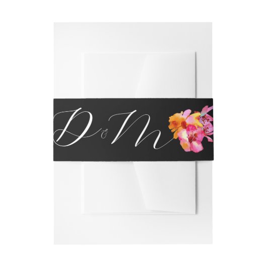 Bright Floral Waterkleurig Monogram Black Weddensc Uitnodigingen Wikkel (Voorkant Voorbeeld)