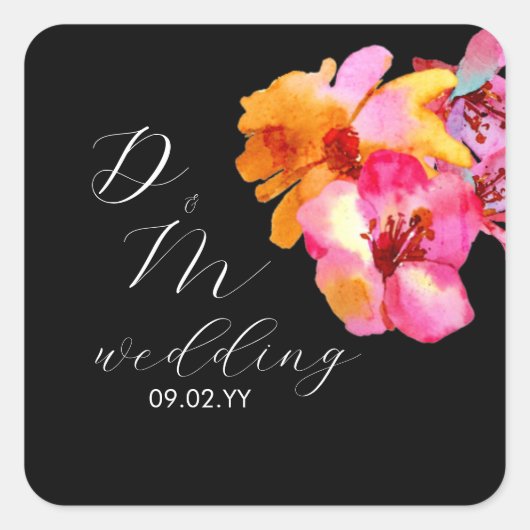 Bright Floral Waterkleurig Monogram Black Weddensc Vierkante Sticker (Voorkant)